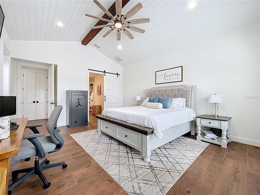 Bedroom, Home Office, Interior, Recessed Lighting, Wooden Beams, Wood Texture Flooring