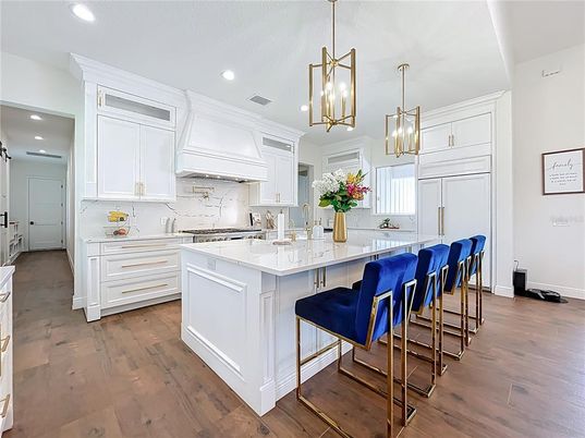Interior, Kitchen, Marble Walls, Pendant Lights, Recessed Lighting, Wood Texture Flooring