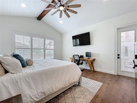 Bedroom, Home Office, Interior, Recessed Lighting, Wooden Beams, Wood Texture Flooring