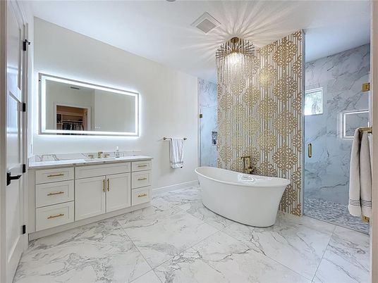 Bathroom, Free Standing Baths, Glass Shower, Interior, Marble, Marble Walls