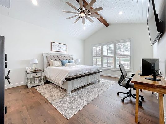 Bedroom, Home Office, Interior, Recessed Lighting, Wooden Beams, Wood Texture Flooring