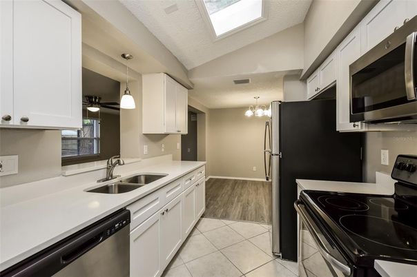 Interior, Kitchen, Pendant Lights, Stainless Steel Appliances, Wood Texture Flooring