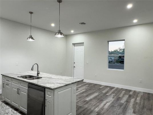 Interior, Kitchen, Pendant Lights, Recessed Lighting, Wood Texture Flooring
