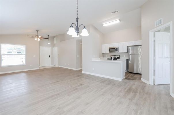 Empty room, Interior, Kitchen, Pendant Lights, Stainless Steel Appliances, Wood Texture Flooring