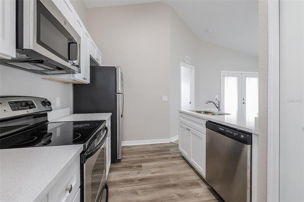 Interior, Kitchen, Stainless Steel Appliances, Wood Texture Flooring