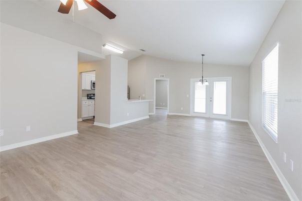Empty room, Interior, Kitchen, Pendant Lights, Wood Texture Flooring