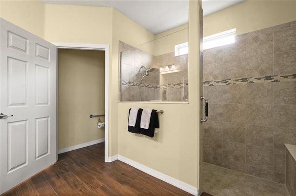 Bathroom, Glass Shower, Interior, Wood Texture Flooring