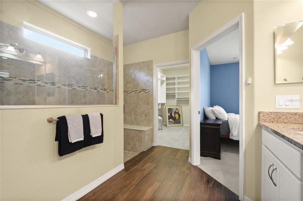 Bathroom, Interior, Recessed Lighting, Walk-in Closets, Wood Texture Flooring