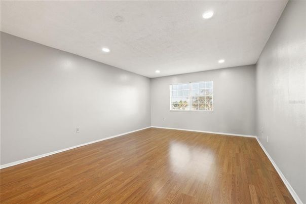 Empty room, Interior, Pendant Lights, Recessed Lighting, Wood Texture Flooring