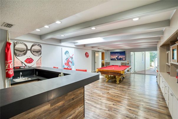 Billiard Table, Game Room, Interior, Recessed Lighting, Wood Texture Flooring
