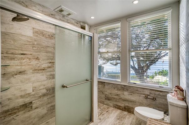 Bathroom, Glass Shower, Interior, Recessed Lighting, Wood Texture Flooring
