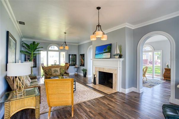 Dining room, Fireplace, Interior, Living room, Pendant Lights, Wood Texture Flooring