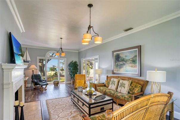 Fireplace, Interior, Living room, Pendant Lights, Wood Texture Flooring
