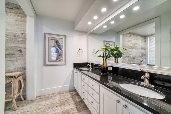 Bathroom, Dual Sink Vanities, Interior, Recessed Lighting, Wood Texture Flooring