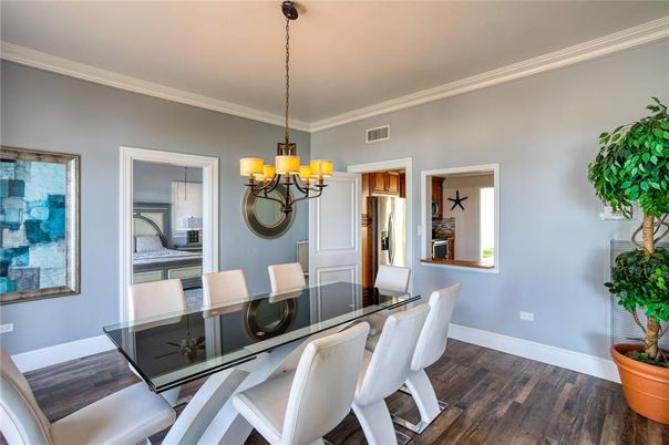 Chandelier, Dining room, Interior, Wood Texture Flooring