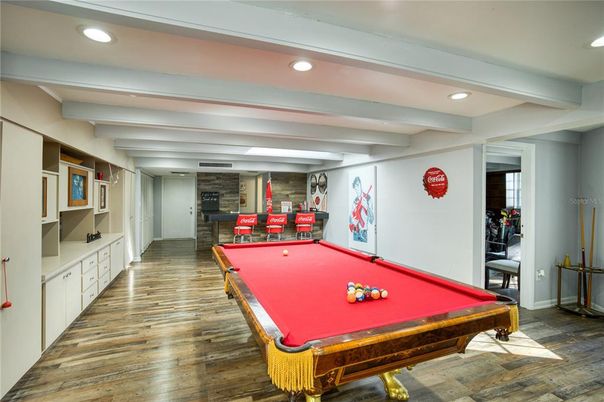 Billiard Table, Game Room, Interior, Recessed Lighting, Wood Texture Flooring