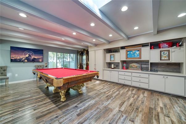 Billiard Table, Game Room, Interior, Recessed Lighting, Wood Texture Flooring