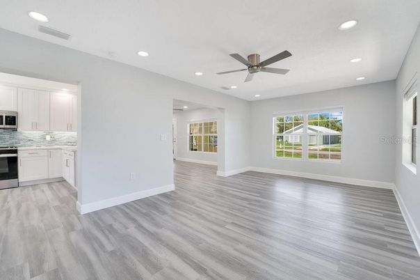 Empty room, Interior, Kitchen, Recessed Lighting, Wood Texture Flooring