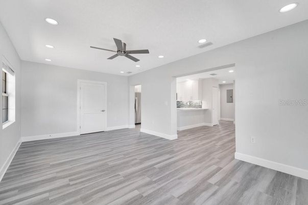 Empty room, Interior, Recessed Lighting, Wood Texture Flooring