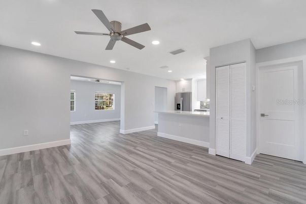 Empty room, Interior, Kitchen, Recessed Lighting, Wood Texture Flooring