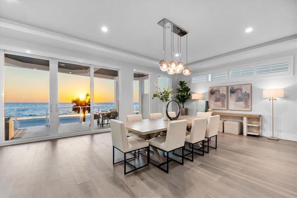 Dining room, Interior, Pendant Lights, Recessed Lighting, Water, Wood Texture Flooring