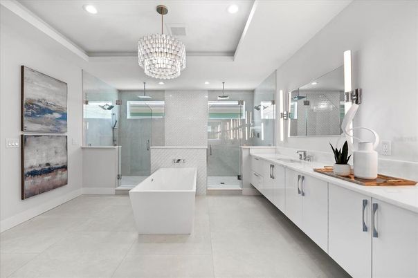 Bathroom, Chandelier, Dual Sink Vanities, Free Standing Baths, Glass Shower, Interior, Recessed Lighting