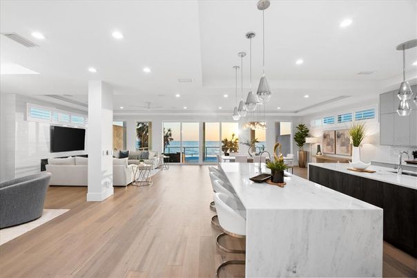 Interior, Kitchen, Living room, Pendant Lights, Recessed Lighting, Water, Wood Texture Flooring