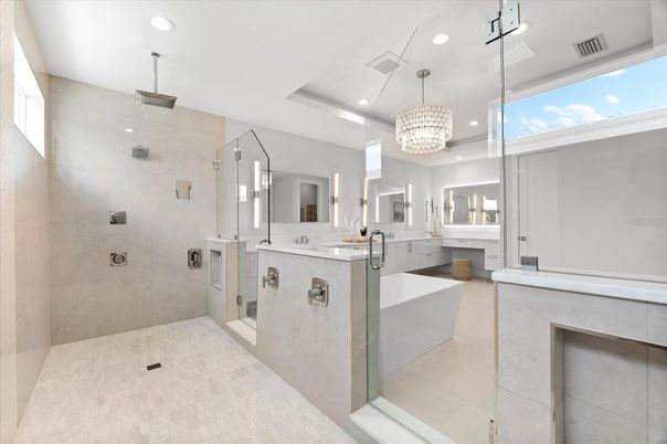 Bathroom, Chandelier, Glass Shower, Interior, Recessed Lighting