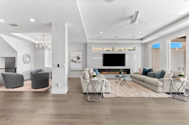 Fireplace, Interior, Living room, Pendant Lights, Recessed Lighting, Wood Texture Flooring