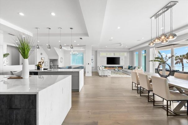 Dining room, Interior, Kitchen, Living room, Pendant Lights, Recessed Lighting, Water, Wood Texture Flooring