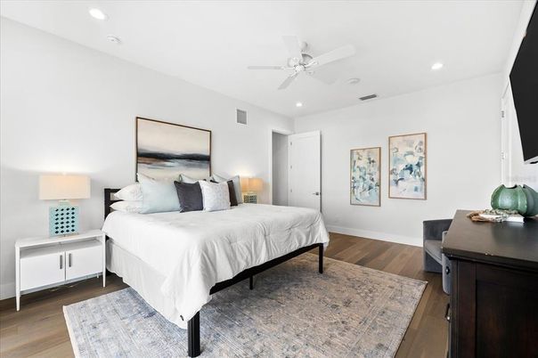 Bedroom, Interior, Recessed Lighting, Wood Texture Flooring