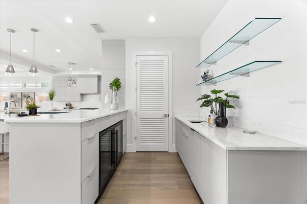 Interior, Kitchen, Pendant Lights, Recessed Lighting, Wood Texture Flooring