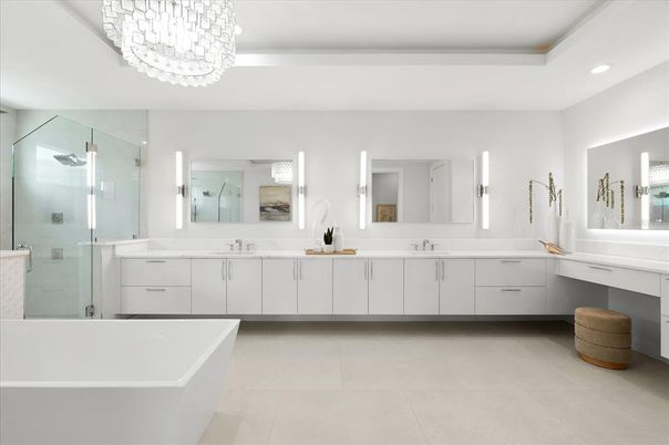 Bathroom, Chandelier, Dual Sink Vanities, Free Standing Baths, Glass Shower, Interior, Recessed Lighting