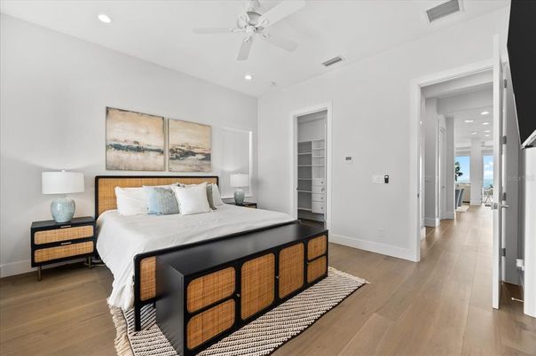 Bedroom, Interior, Recessed Lighting, Wood Texture Flooring