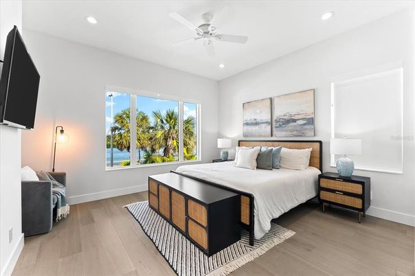 Bedroom, Interior, Recessed Lighting, Water, Wood Texture Flooring
