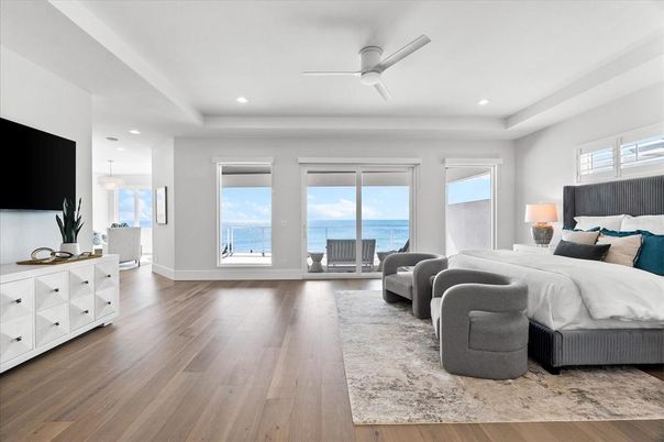 Bedroom, Interior, Pendant Lights, Recessed Lighting, Water, Wood Texture Flooring