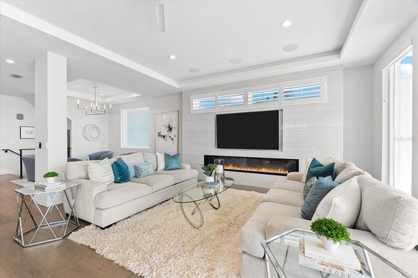 Chandelier, Fireplace, Interior, Living room, Pendant Lights, Recessed Lighting, Wood Texture Flooring