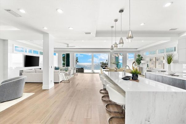 Interior, Kitchen, Living room, Pendant Lights, Recessed Lighting, Water, Wood Texture Flooring