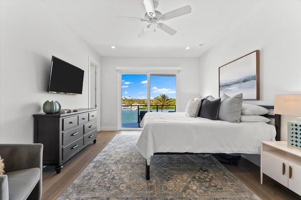 Bedroom, Interior, Recessed Lighting, Water, Wood Texture Flooring