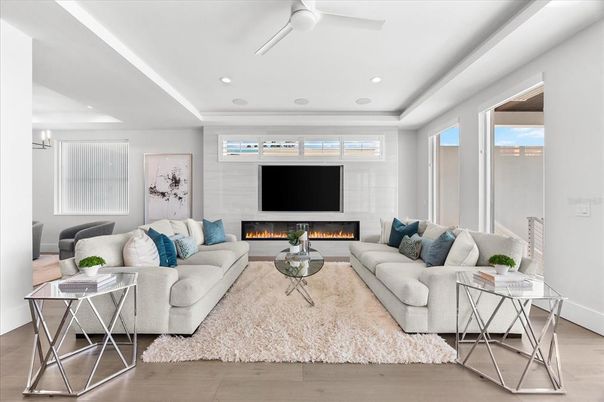 Fireplace, Interior, Living room, Recessed Lighting, Wood Texture Flooring