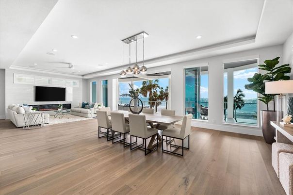 Dining room, Interior, Living room, Pendant Lights, Recessed Lighting, Water, Wood Texture Flooring