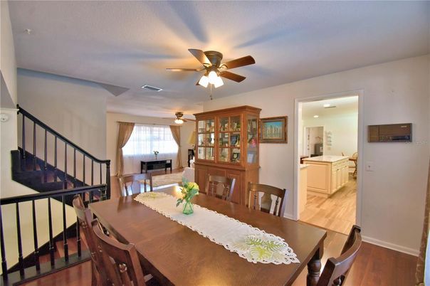 Dining room, Interior, Recessed Lighting, Wood Texture Flooring