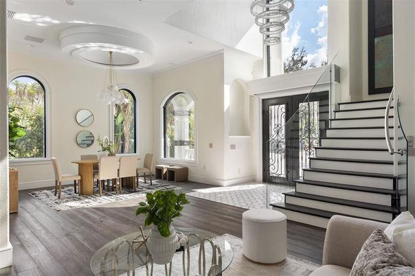 Dining room, Interior, Pendant Lights, Wood Texture Flooring