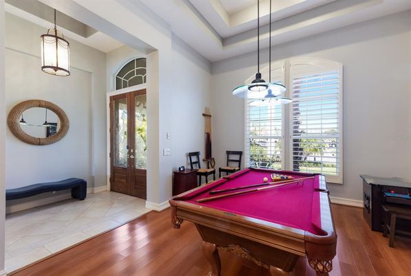 Billiard Table, Game Room, Interior, Pendant Lights, Wood Texture Flooring