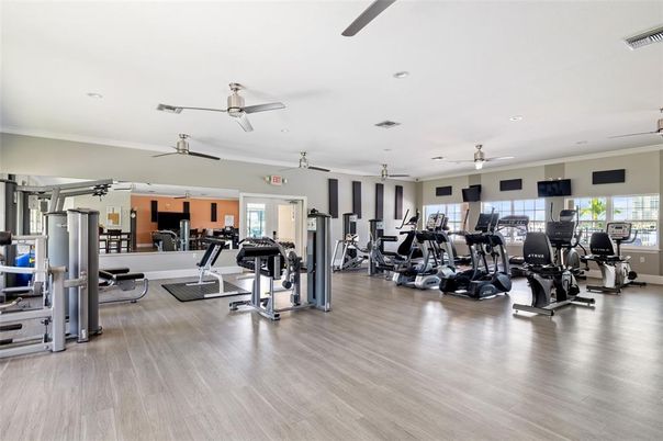 Fitness Equipment, Gym, Interior, Recessed Lighting, Wood Texture Flooring