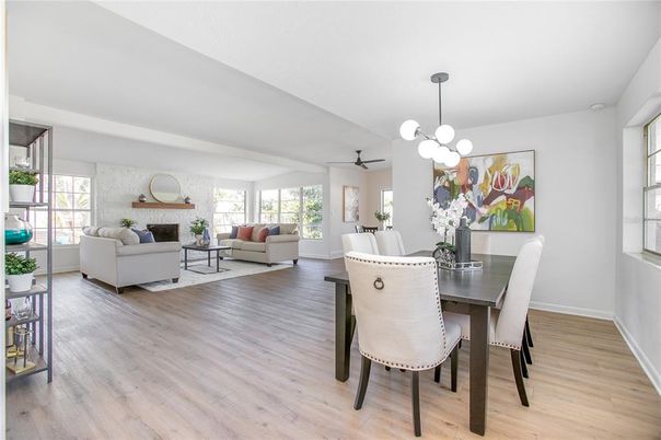 Dining room, Interior, Living room, Pendant Lights, Wood Texture Flooring