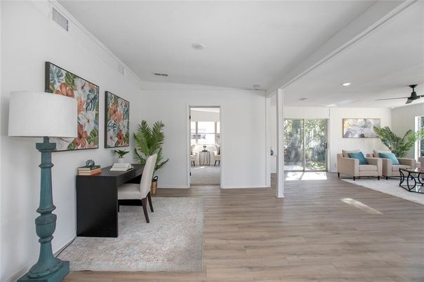 Dining room, Interior, Living room, Recessed Lighting, Wood Texture Flooring