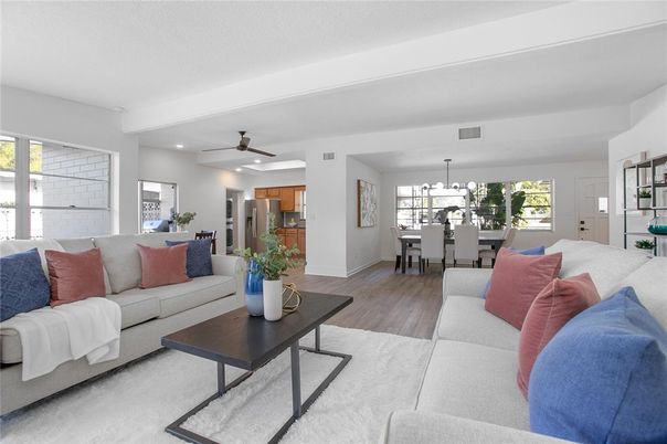 Chandelier, Dining room, Interior, Kitchen, Living room, Recessed Lighting, Stainless Steel Appliances, Wood Texture Flooring