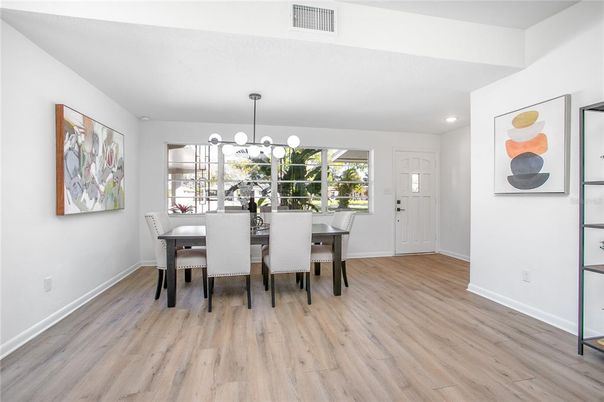 Dining room, Interior, Pendant Lights, Recessed Lighting, Wood Texture Flooring