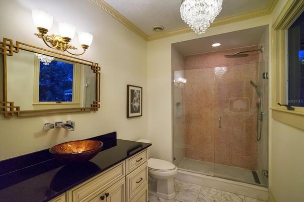 Bathroom, Chandelier, Glass Shower, Interior, Marble, Recessed Lighting